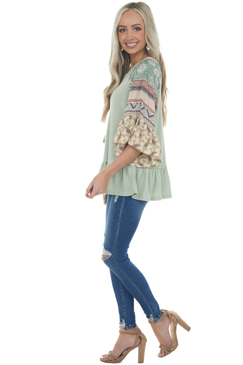 Sage Multiprint Ruffled Hem Waffle Knit Top 