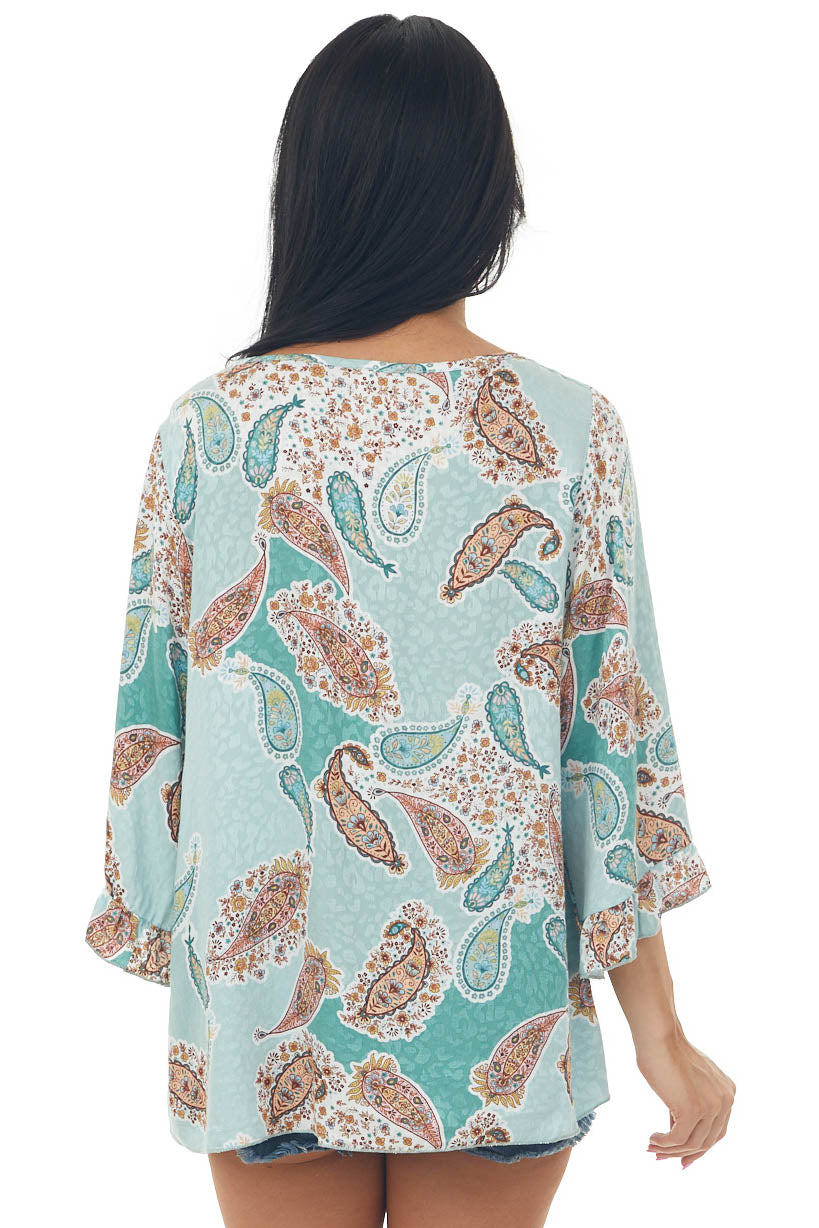 Sage Paisley Print with Leopard Contrast Woven Top
