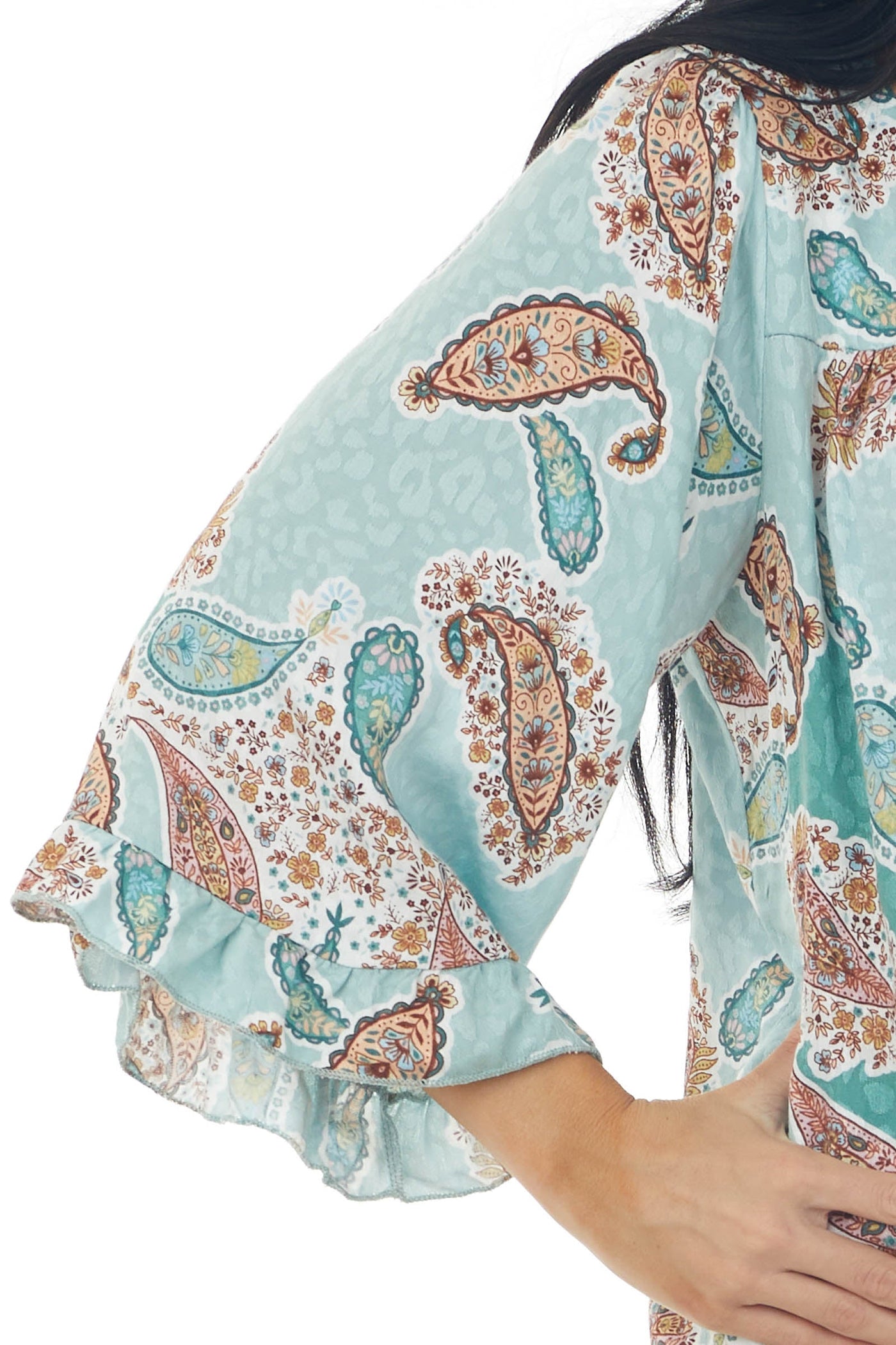 Sage Paisley Print with Leopard Contrast Woven Top