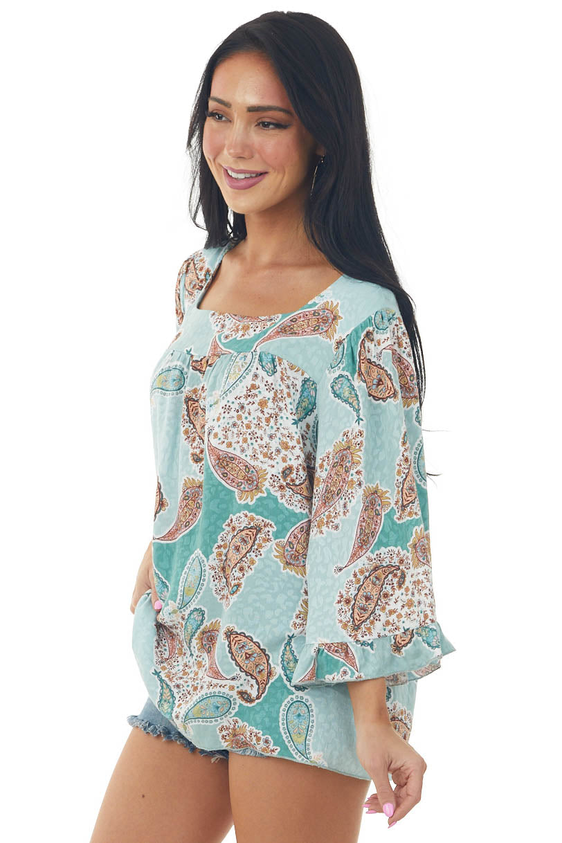 Sage Paisley Print with Leopard Contrast Woven Top
