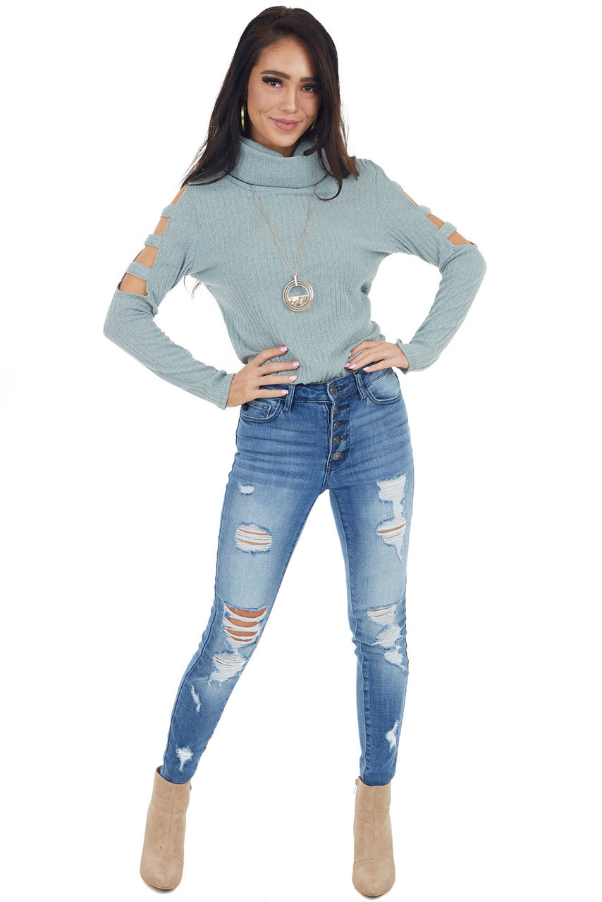 Sage Ribbed Knit Long Ladder Sleeve Cowl Neck Top