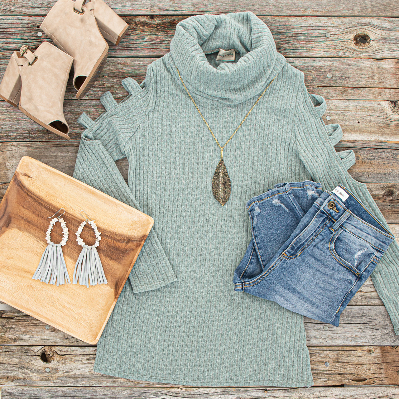 Sage Ribbed Knit Long Ladder Sleeve Cowl Neck Top