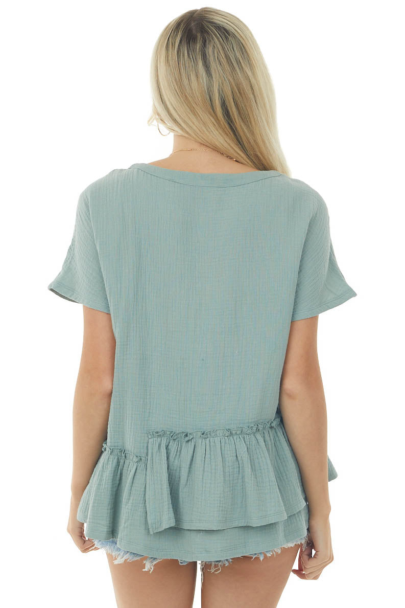 Sage Textured Woven Top with Asymmetrical Layered Peplum