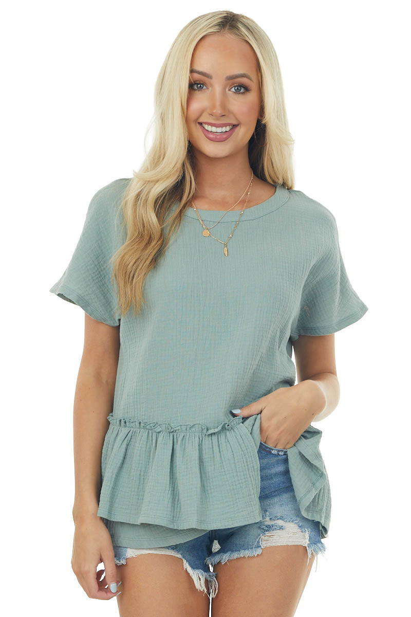 Sage Textured Woven Top with Asymmetrical Layered Peplum