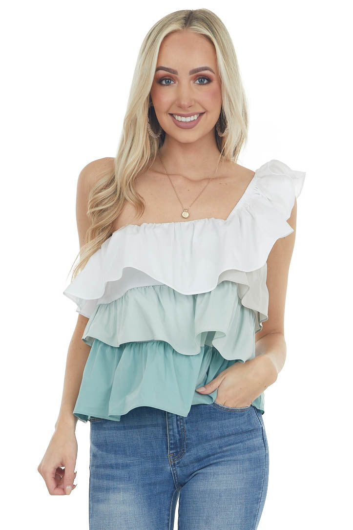 Sage Tiered One Shoulder Ruffle Top