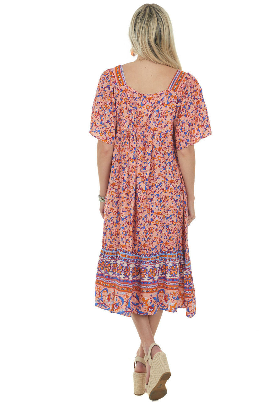 Salmon Floral Print Square Neck Midi Dress