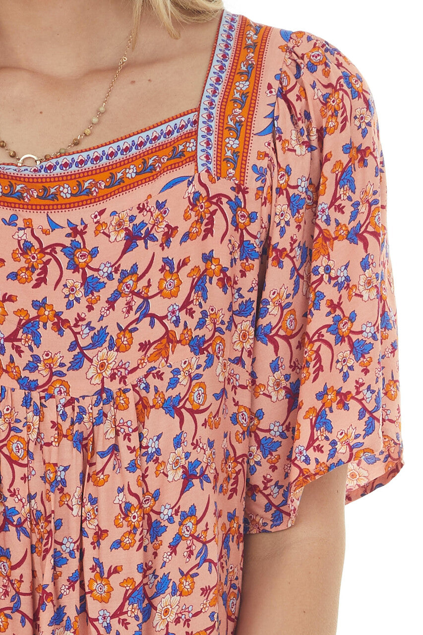 Salmon Floral Print Square Neck Midi Dress
