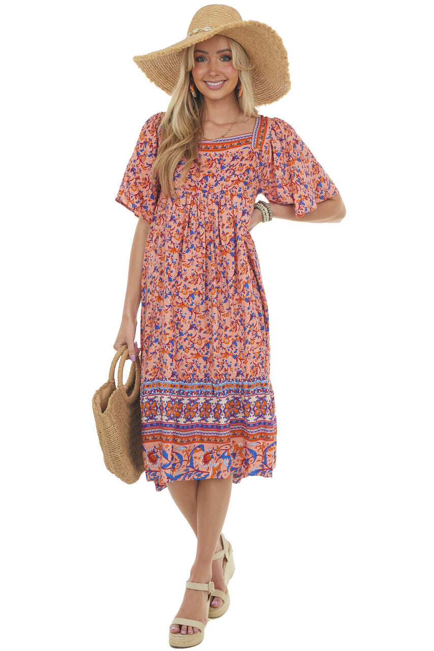 Salmon Floral Print Square Neck Midi Dress