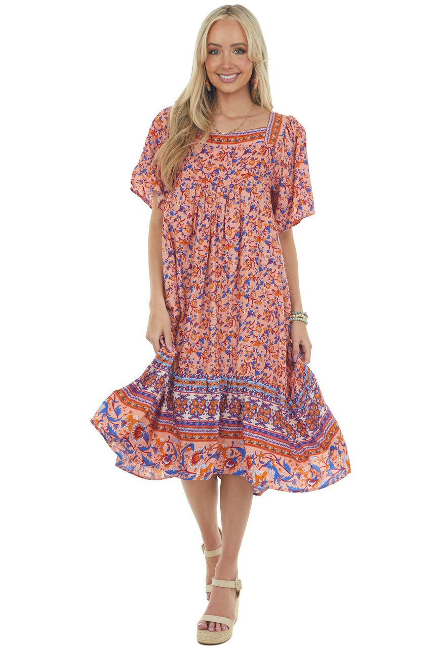 Salmon Floral Print Square Neck Midi Dress