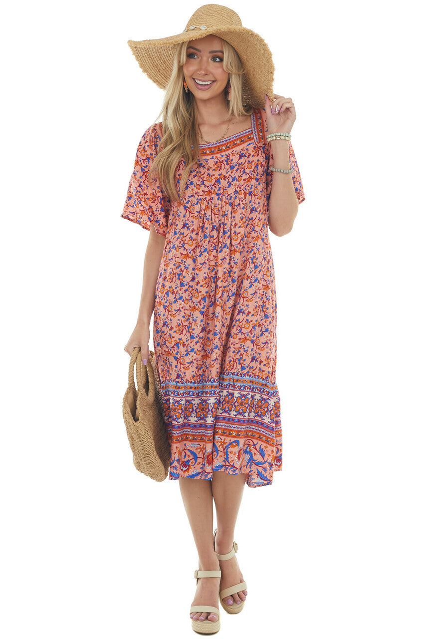 Salmon Floral Print Square Neck Midi Dress