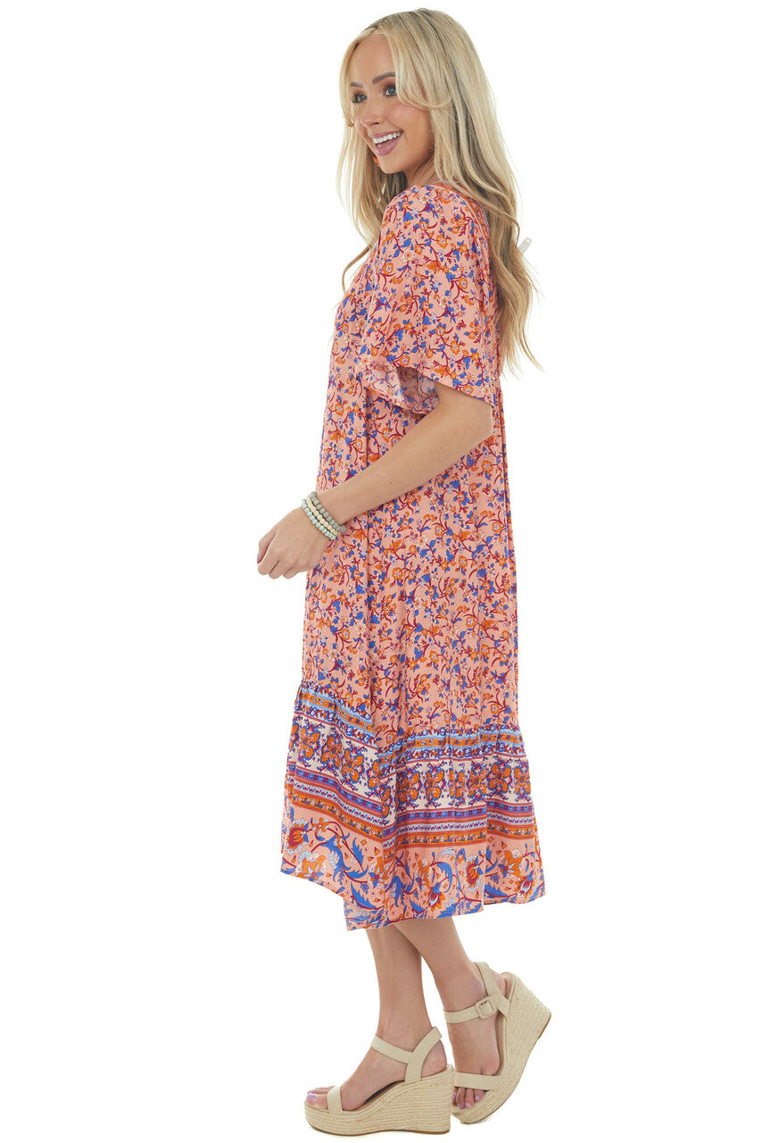 Salmon Floral Print Square Neck Midi Dress