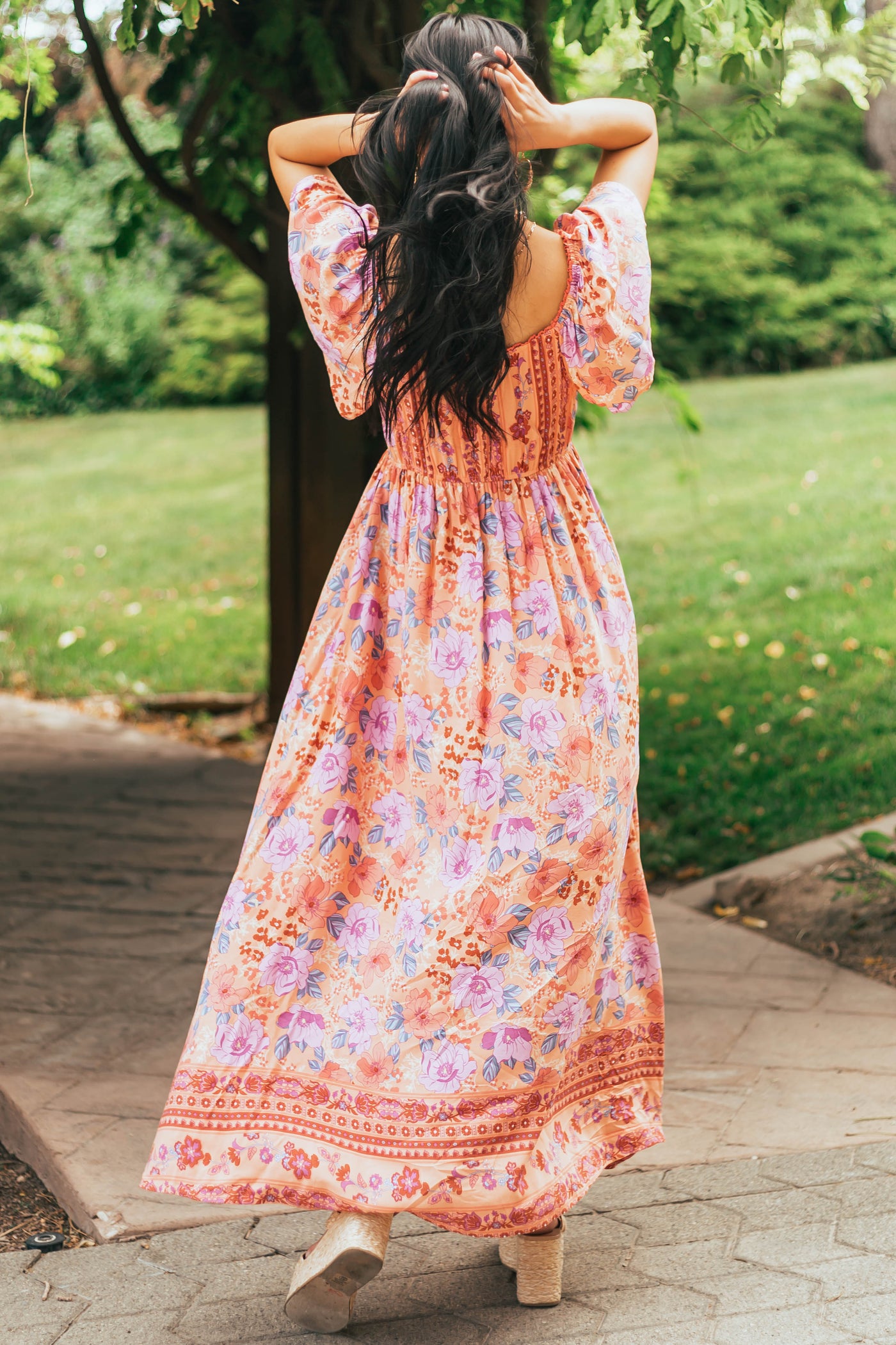 Salmon Floral Print Square Neck Woven Maxi Dress
