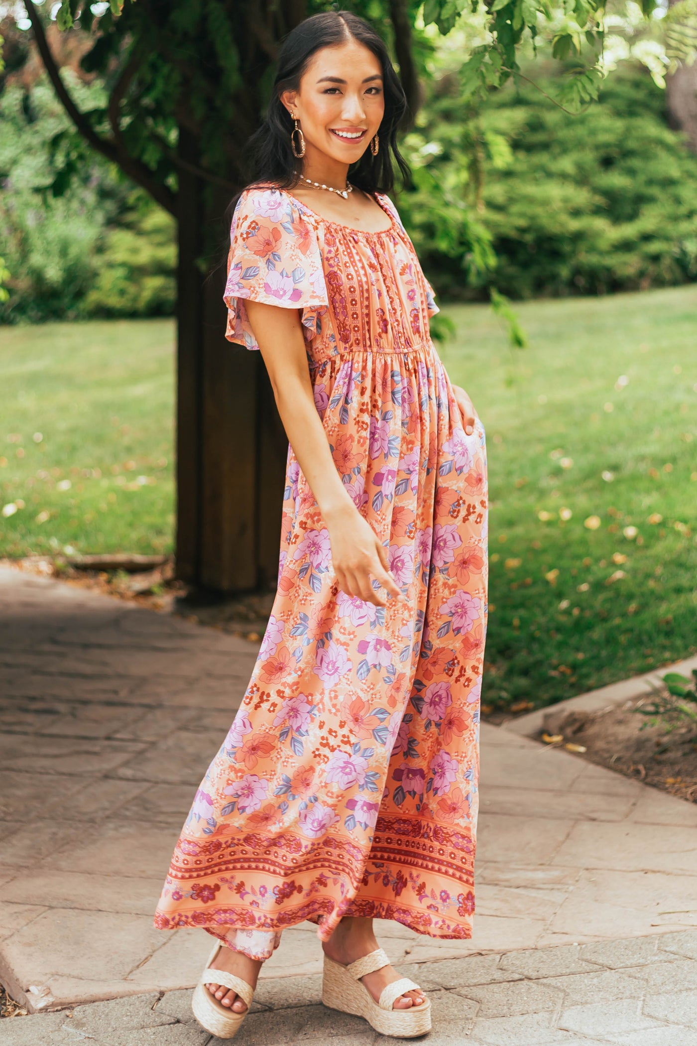 Salmon Floral Print Square Neck Woven Maxi Dress