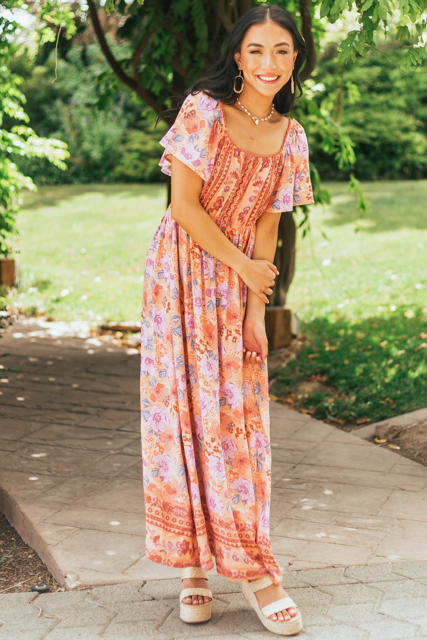 Salmon Floral Print Square Neck Woven Maxi Dress
