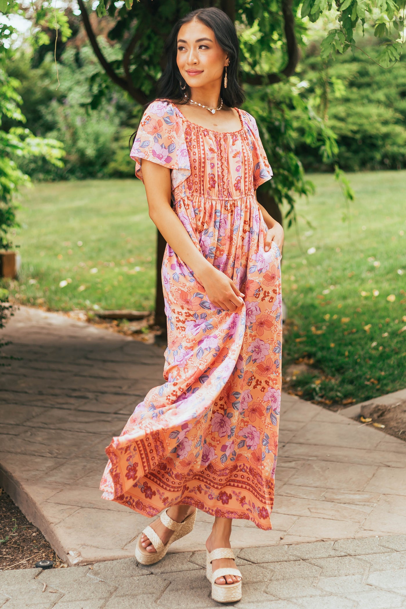 Salmon Floral Print Square Neck Woven Maxi Dress