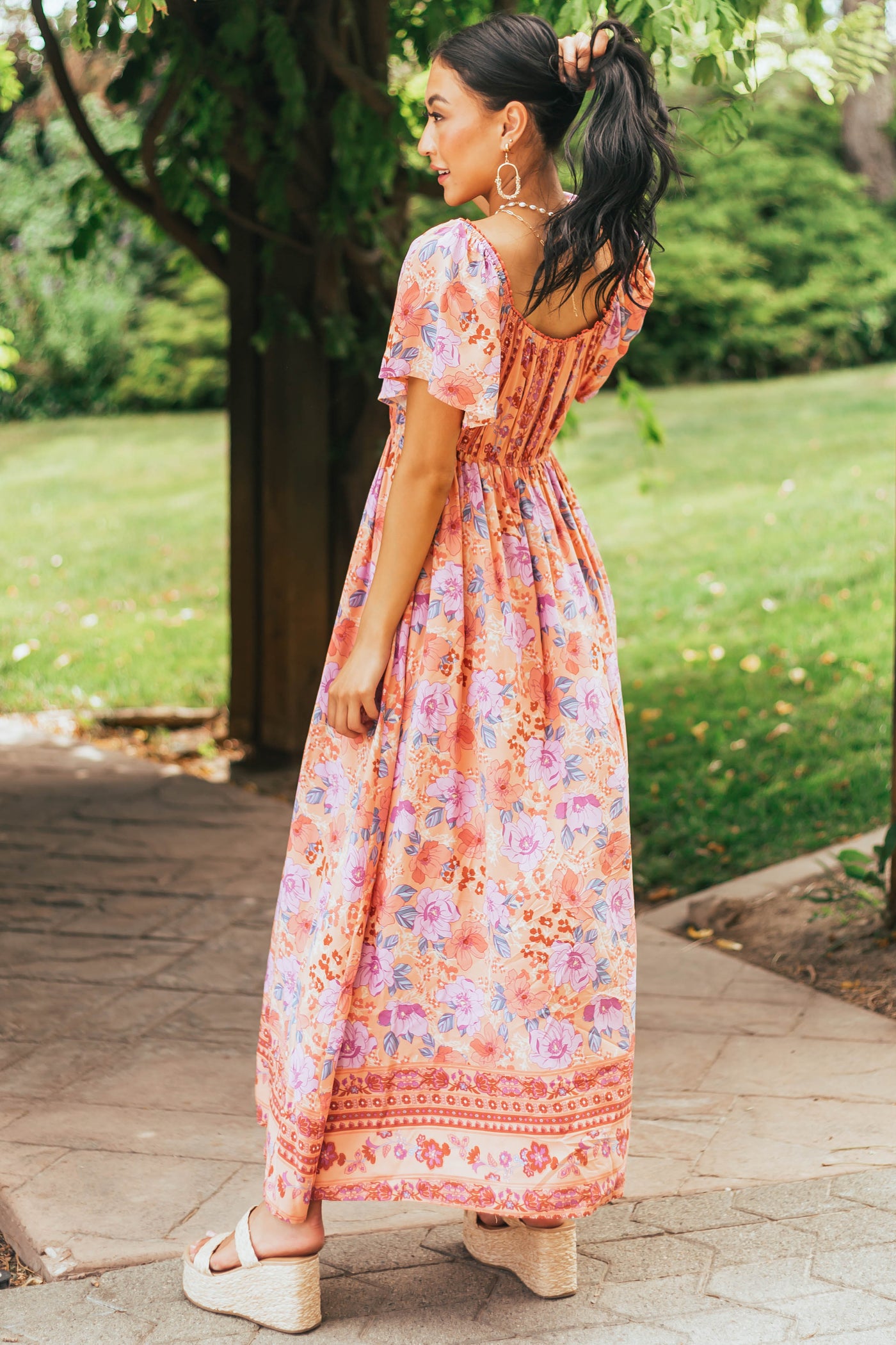 Salmon Floral Print Square Neck Woven Maxi Dress