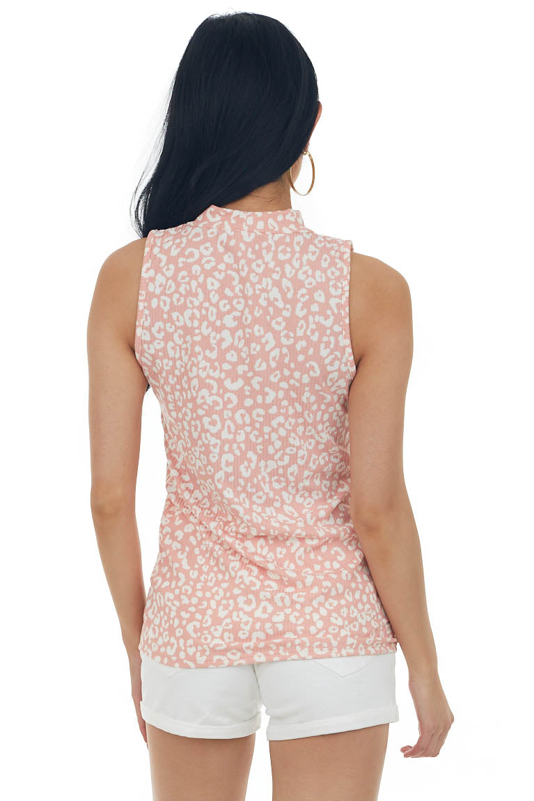 Salmon Leopard Print Sleeveless Mock Neck Top