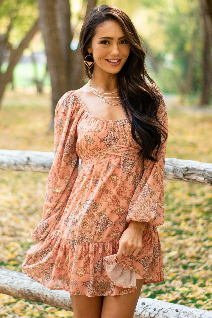 Salmon Paisley Print Bubble Sleeve Mini Dress