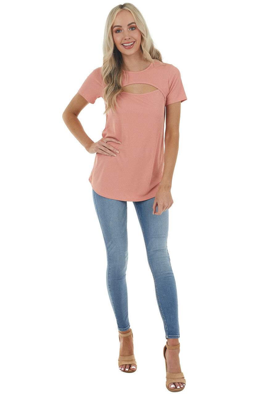 Salmon Ribbed Knit Short Sleeve Top with Chest Cutout