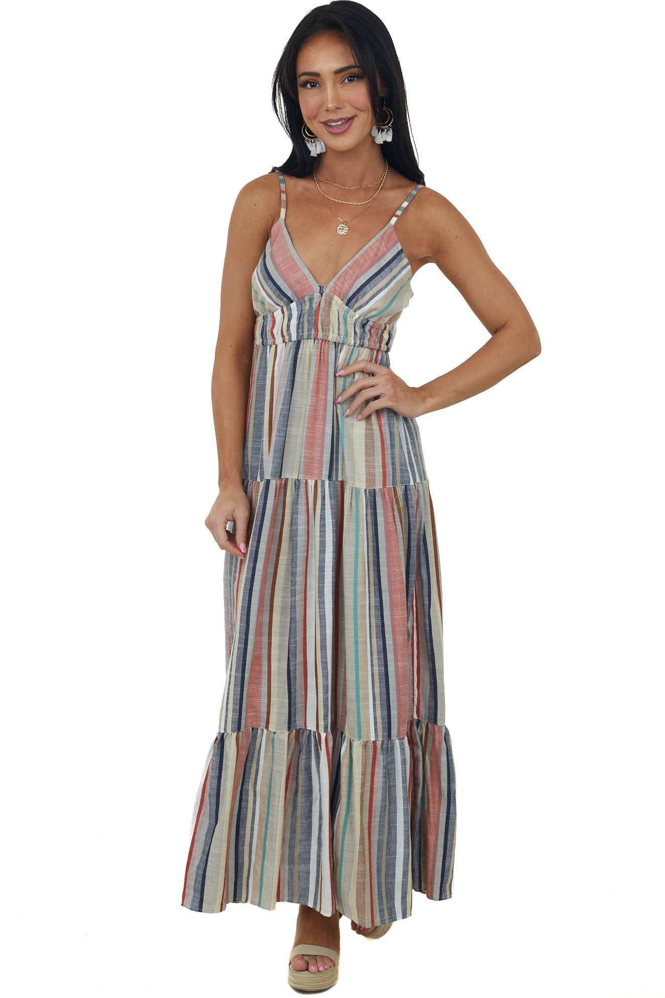 Sand Striped Sleeveless Tie Back Maxi Dress