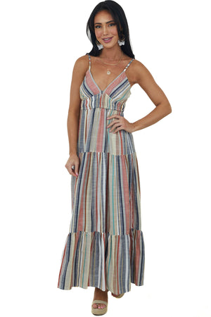 Sand Striped Sleeveless Tie Back Maxi Dress