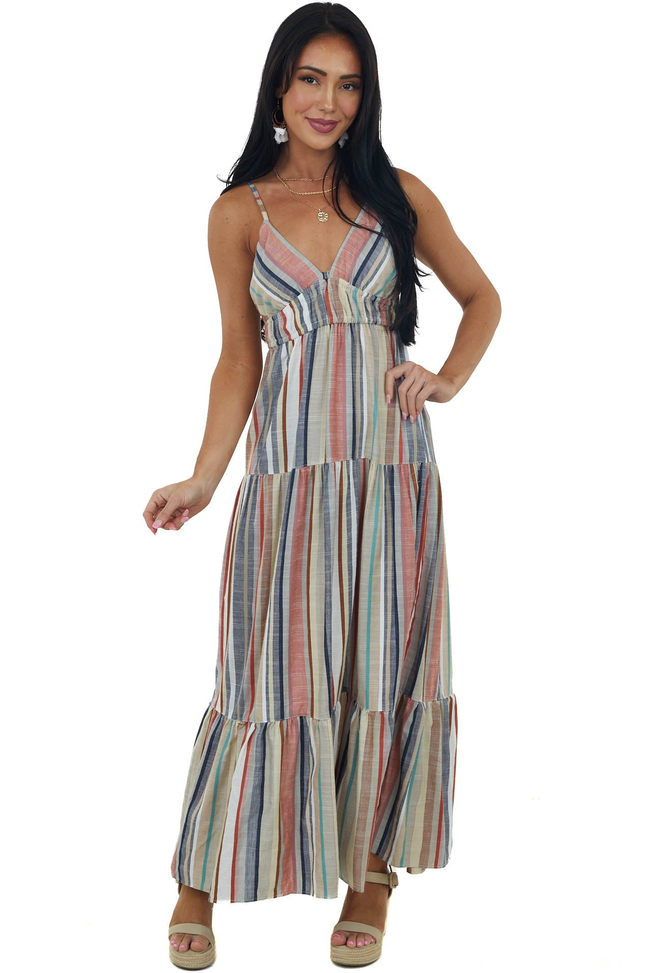 Sand Striped Sleeveless Tie Back Maxi Dress