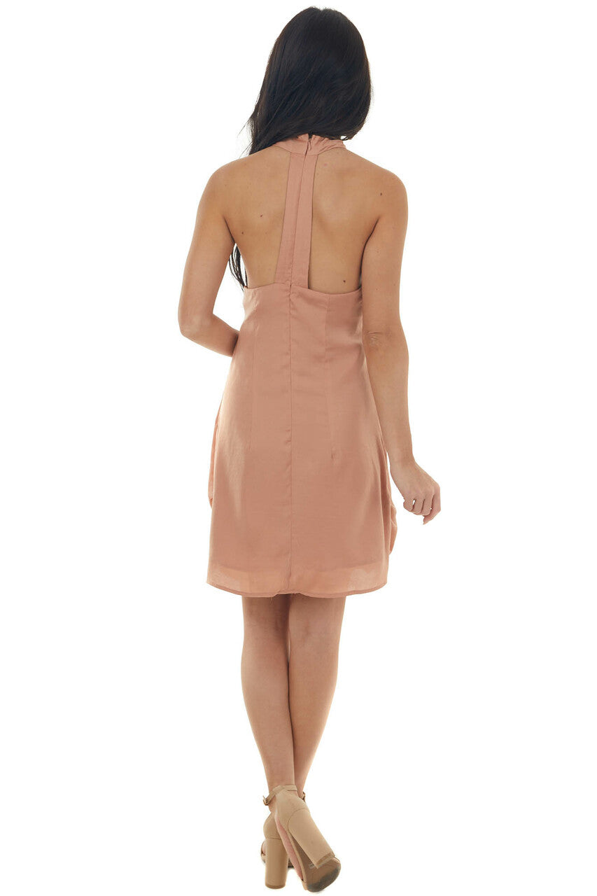 Sandstone Halter Criss Cross Neck Satin Dress 