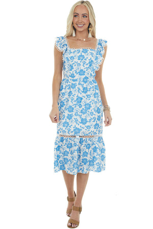 Sapphire Blue Floral Open Back Lace Midi Dress