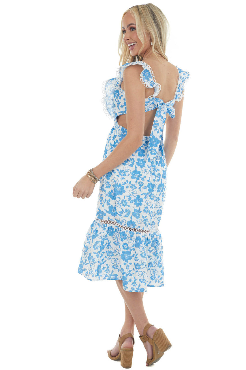 Sapphire Blue Floral Open Back Lace Midi Dress