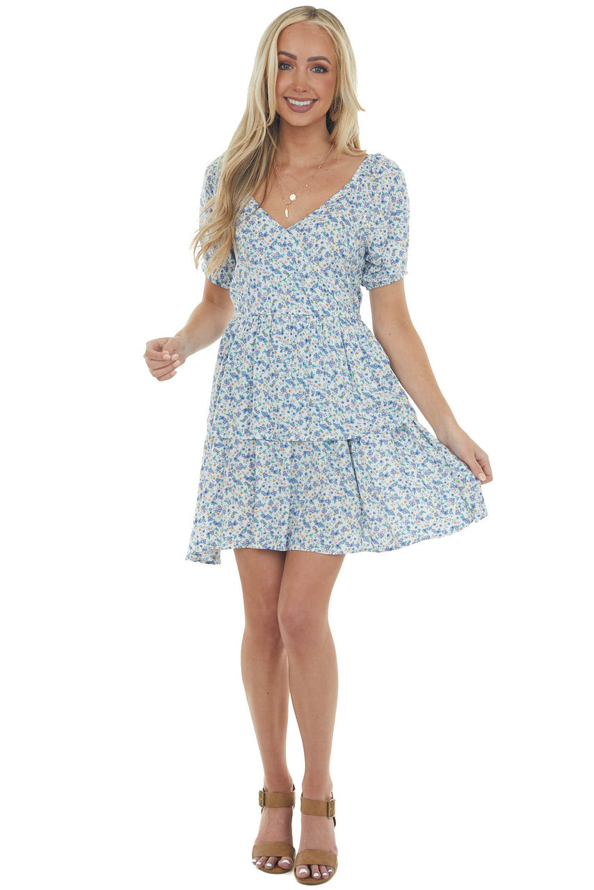 Sapphire Floral Print Surplice Tiered Dress