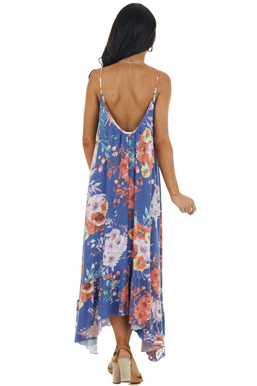 Sapphire Floral Sleeveless Maxi Dress with Rounded V Neck 