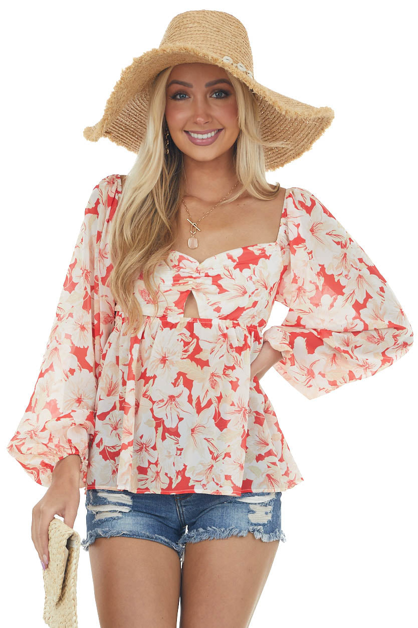 Scarlet and Cream Floral Long Puff Sleeve Top