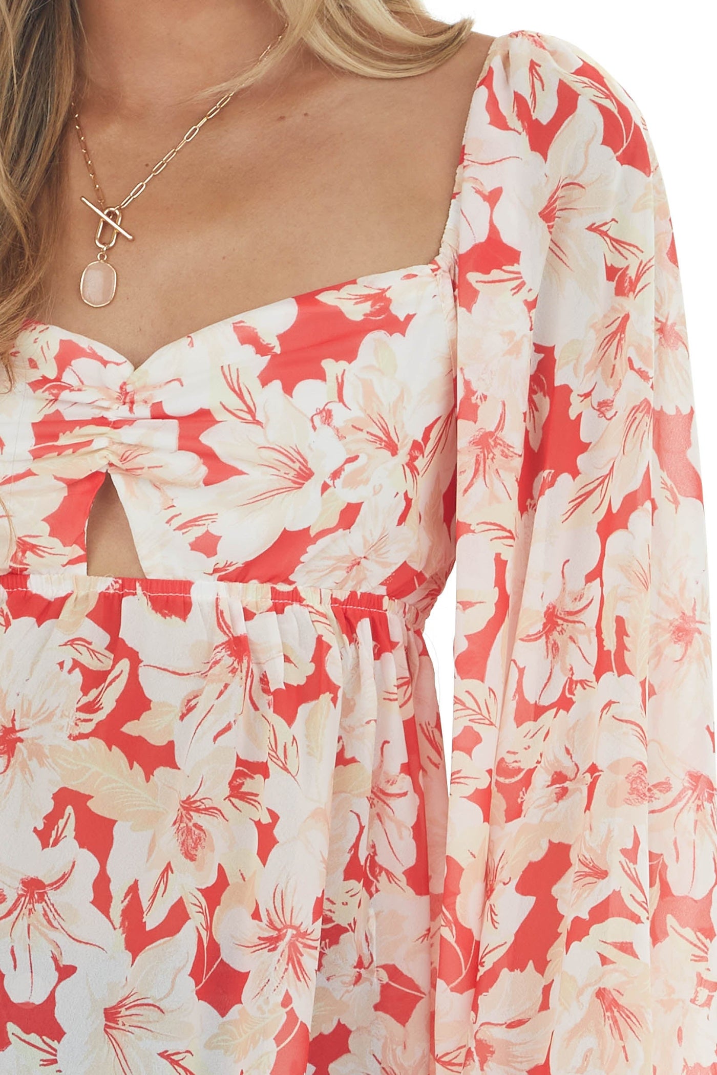 Scarlet and Cream Floral Long Puff Sleeve Top