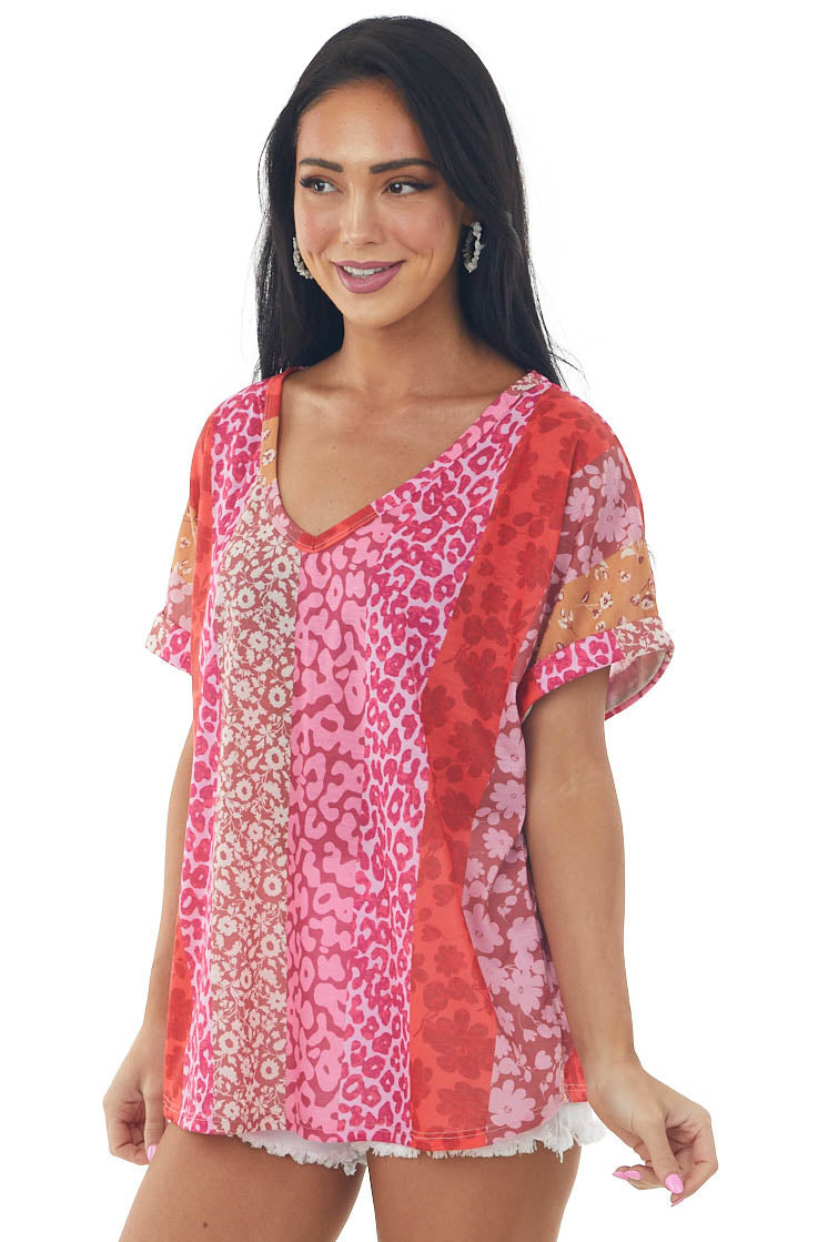 Scarlet Multiprint V Neck Short Sleeve Knit Top