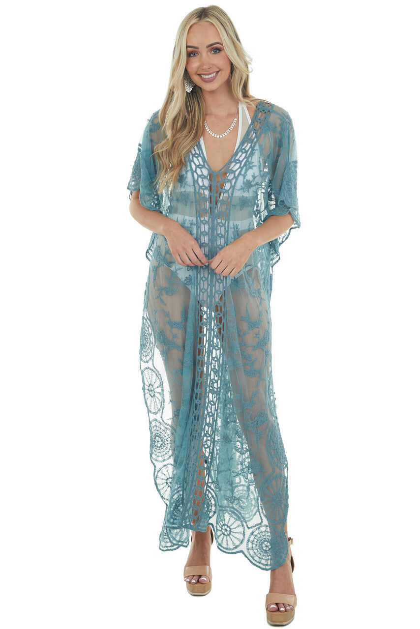 Sea Blue Crochet Detail Side Slit Mesh Cover Up