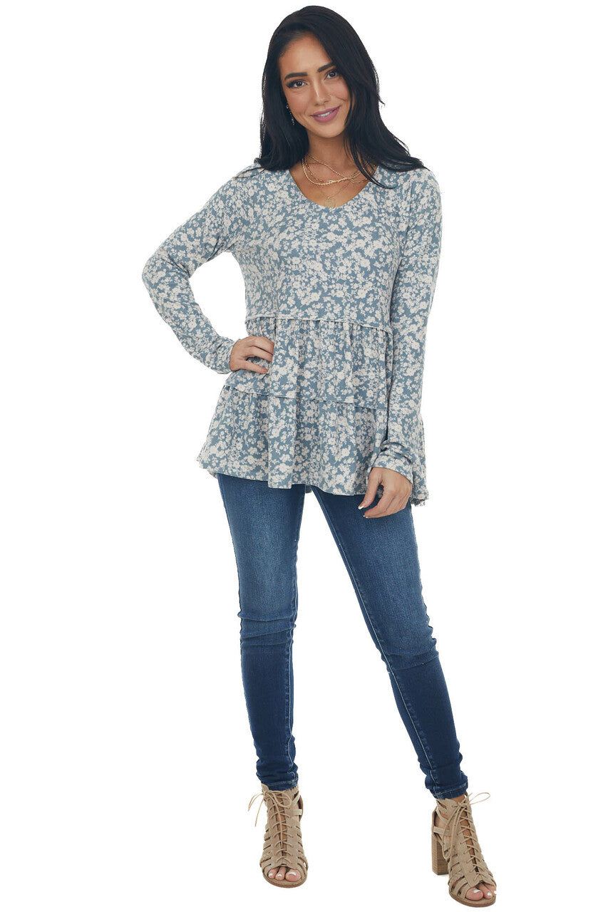 Sea Blue Floral Tiered Super Soft Knit Top