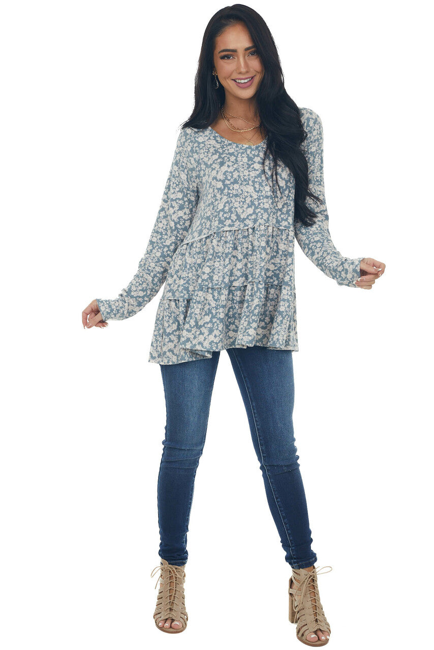 Sea Blue Floral Tiered Super Soft Knit Top