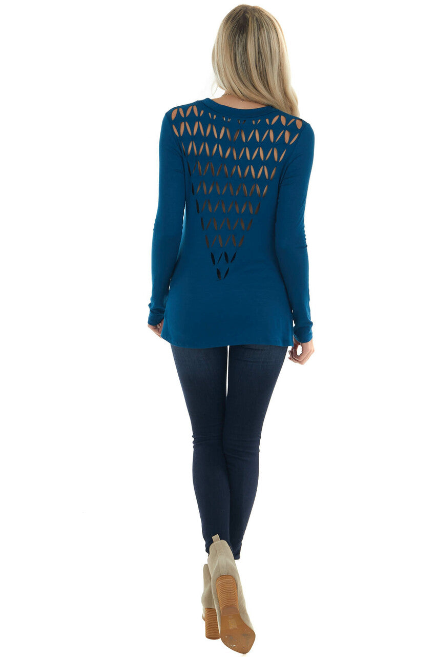 Sea Blue Laser Cut Out Back Long Sleeve Top