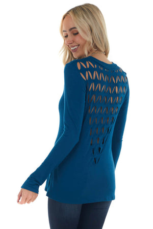Sea Blue Laser Cut Out Back Long Sleeve Top