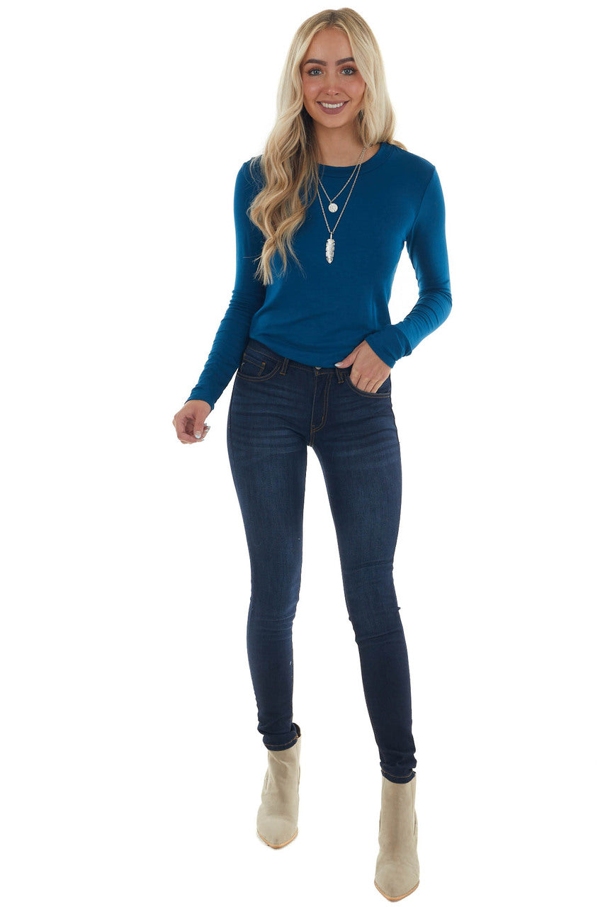 Sea Blue Laser Cut Out Back Long Sleeve Top