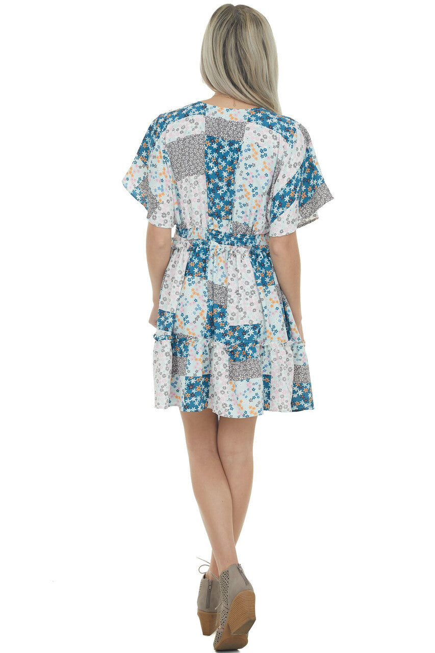 Sea Blue Patchwork Floral Babydoll Short Dress