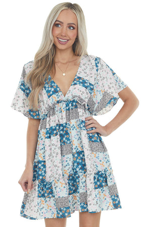 Sea Blue Patchwork Floral Babydoll Short Dress