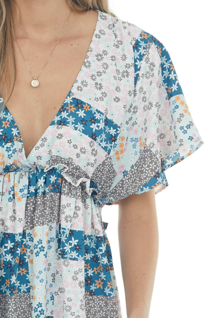 Sea Blue Patchwork Floral Babydoll Short Dress