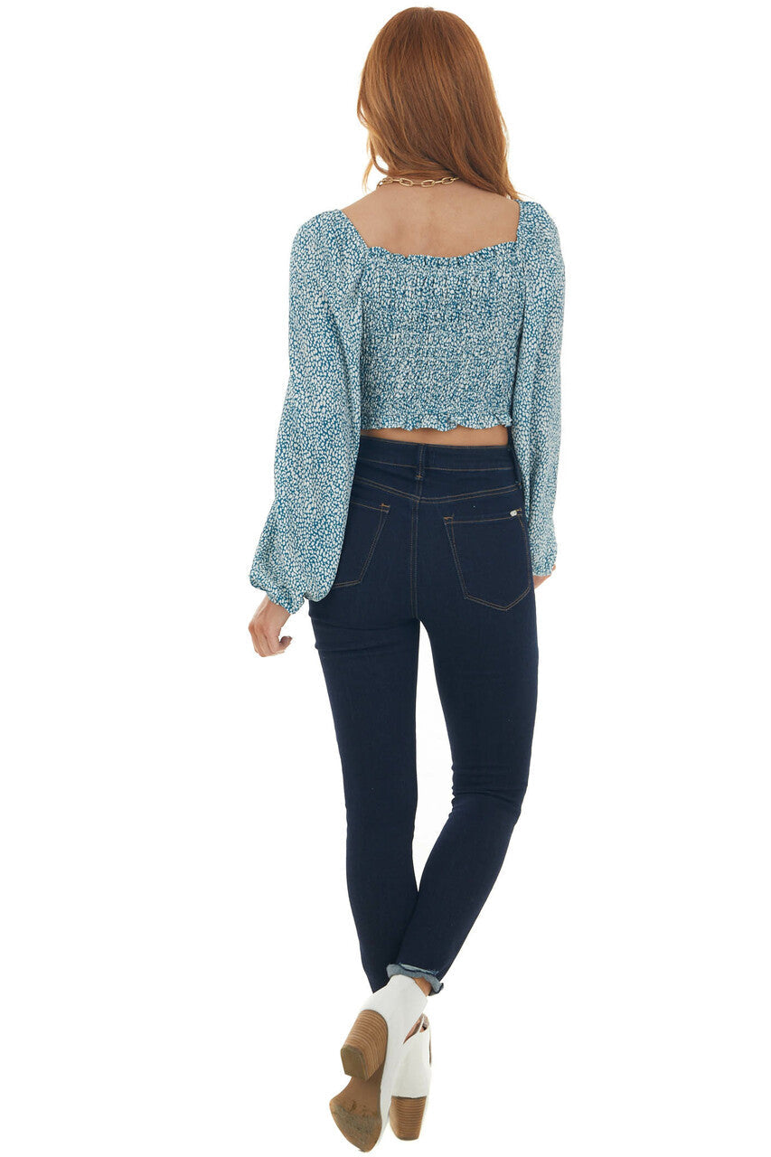 Sea Blue Printed Puff Sleeve Smocked Blouse