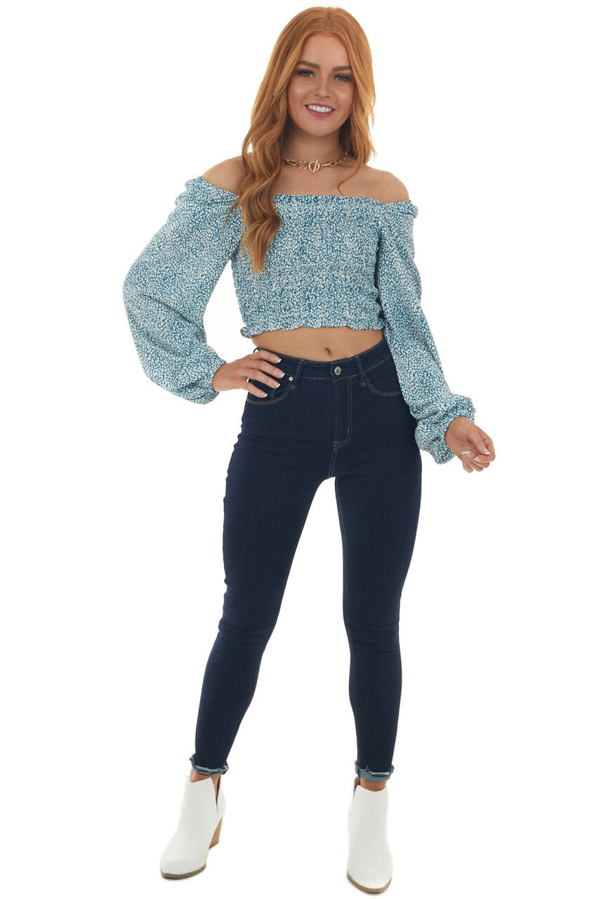 Sea Blue Printed Puff Sleeve Smocked Blouse