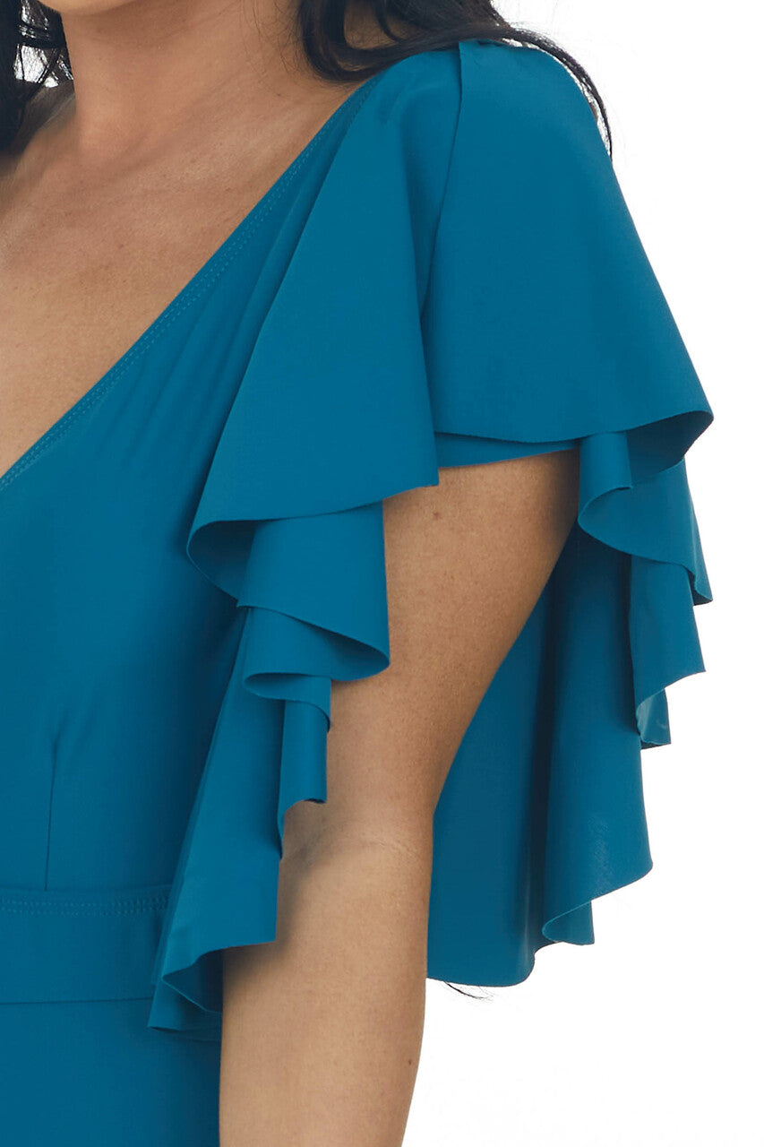 Sea Blue Ruffle Sleeve Plunging Neck Swimsuit