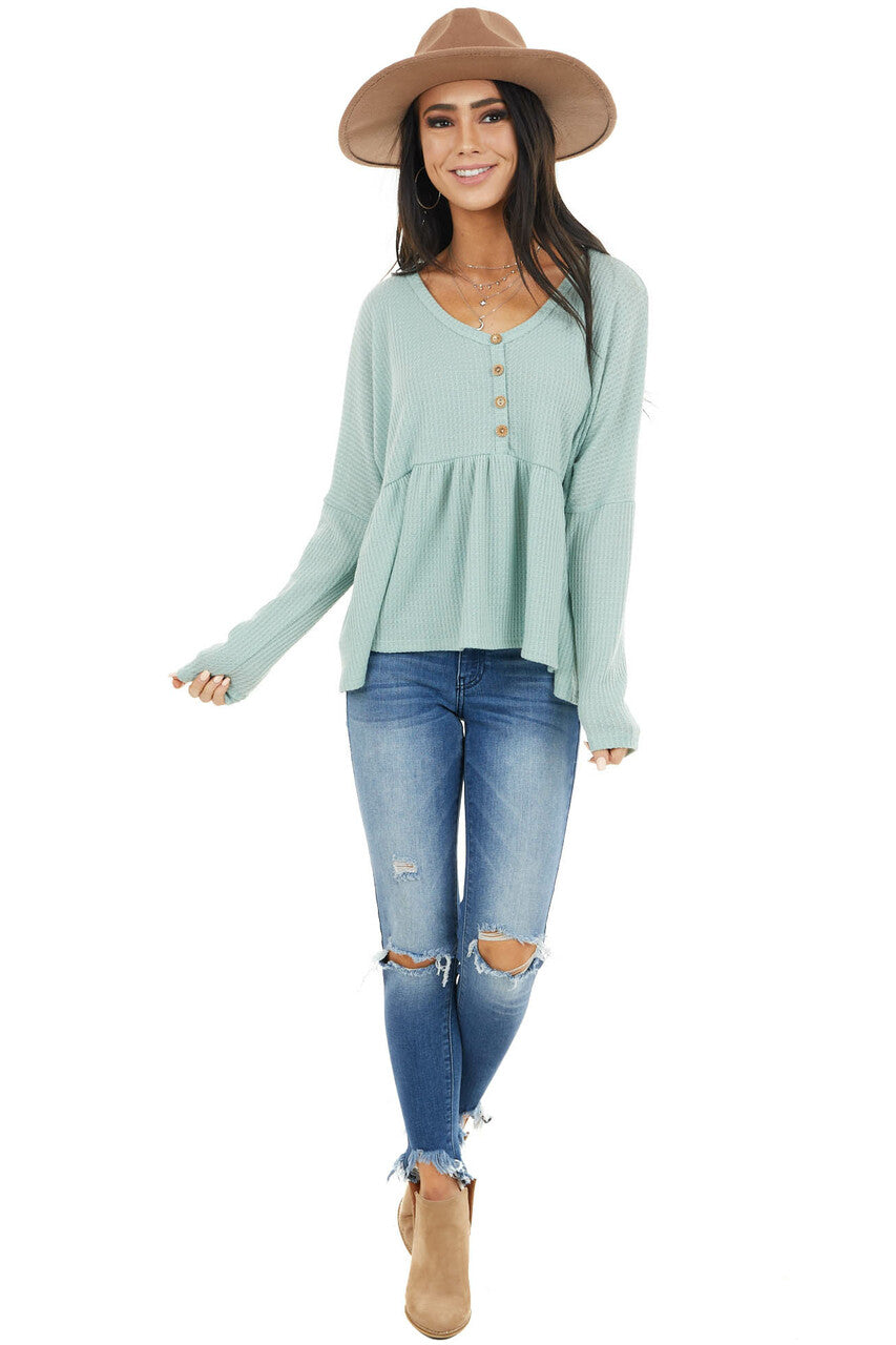 Seafoam Henley Oversized Long Sleeve Babydoll Knit Top