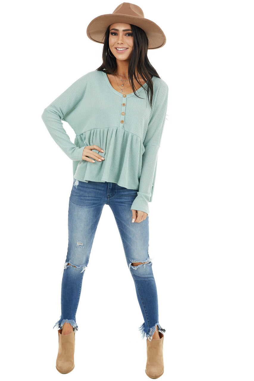 Seafoam Henley Oversized Long Sleeve Babydoll Knit Top
