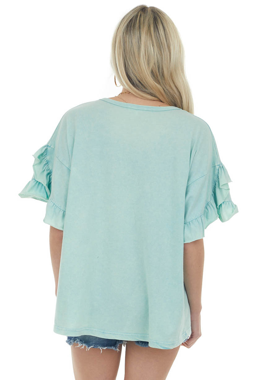 Seafoam Mineral Wash V Neck Ruffle Sleeve Top
