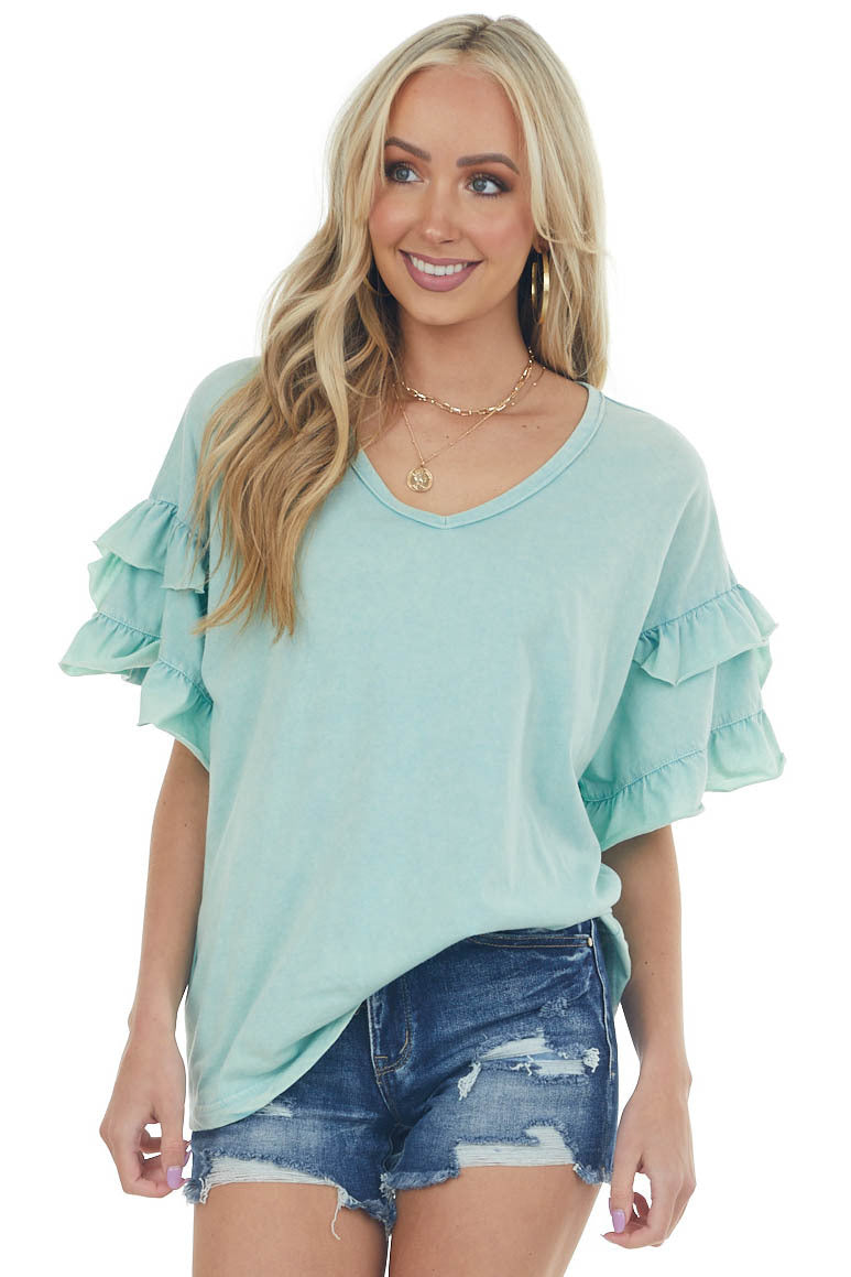 Seafoam Mineral Wash V Neck Ruffle Sleeve Top